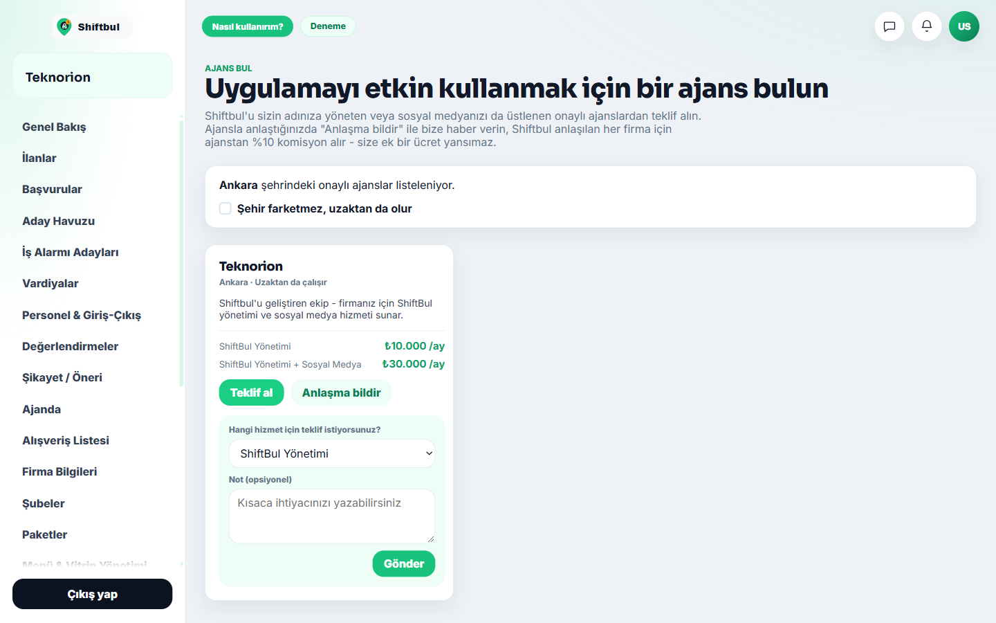 Ajans Bul sayfası — teklif formu açık.