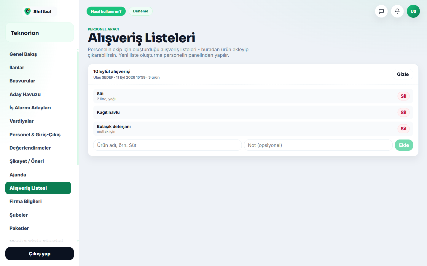 Alışveriş Listesi sayfası — liste detayı ve ürünler.