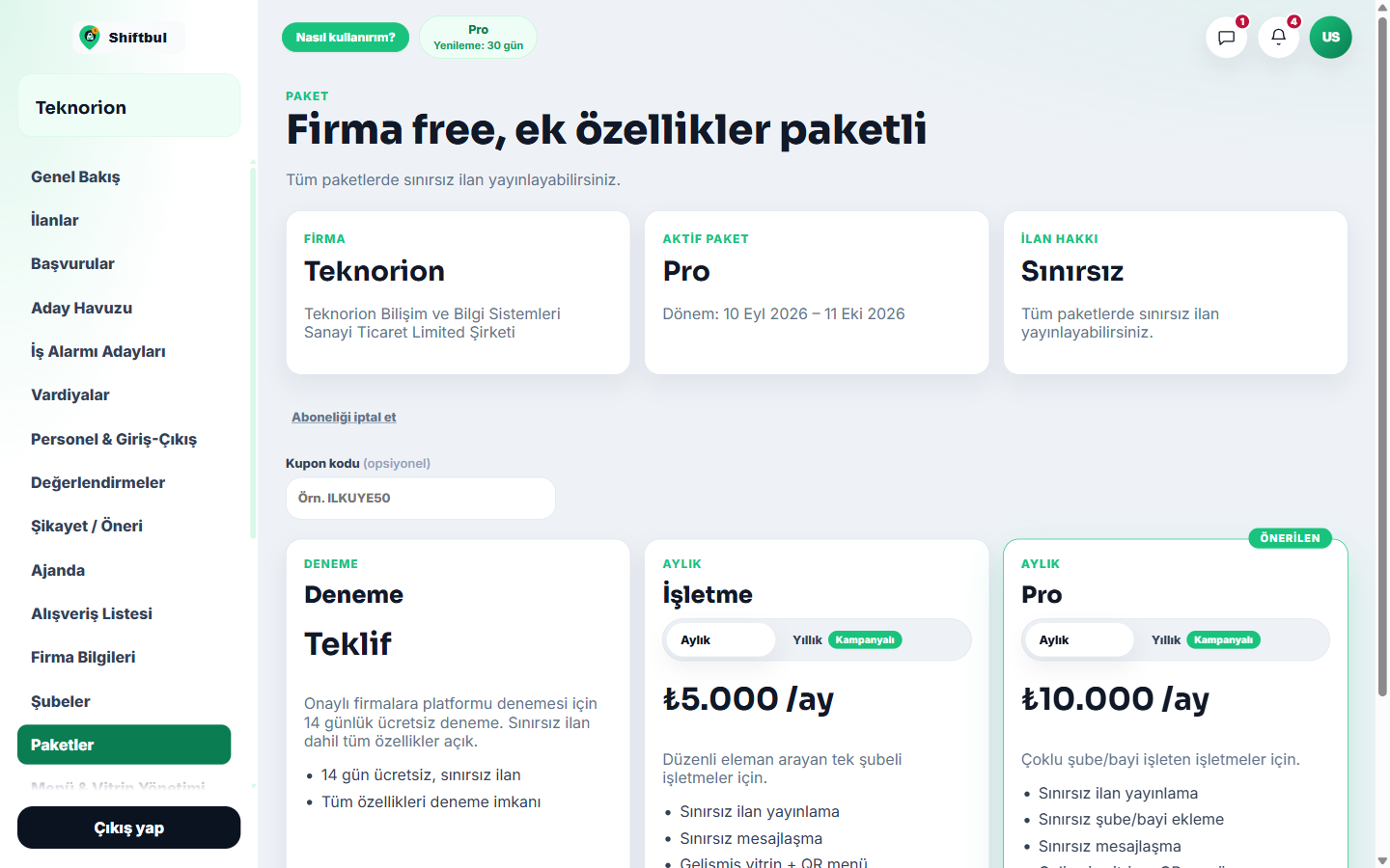 Paketler sayfası — aktif plan özeti ve plan kartları.