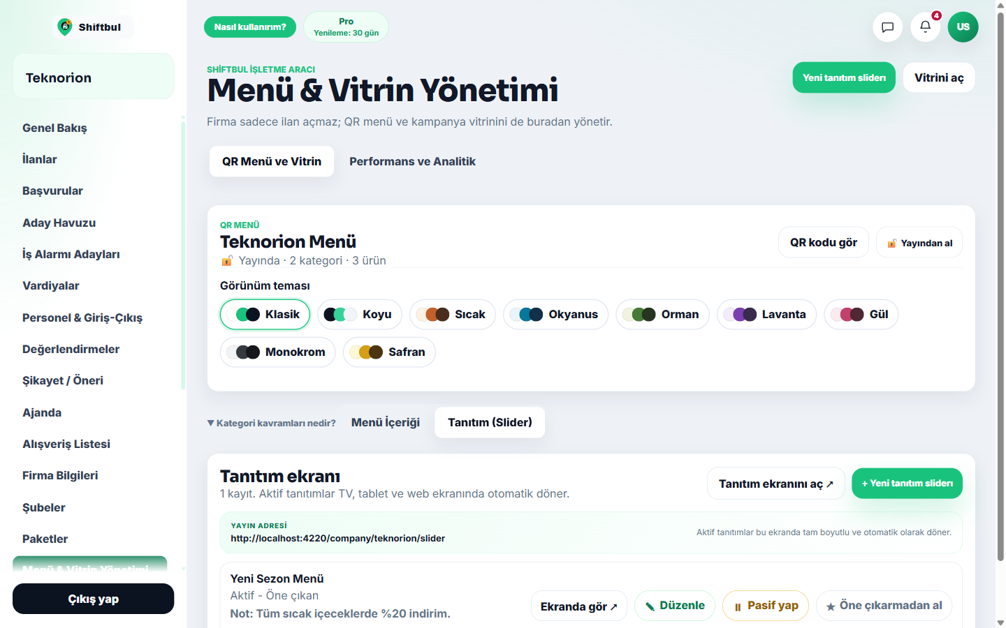 Tanıtım ekranı slider yönetimi