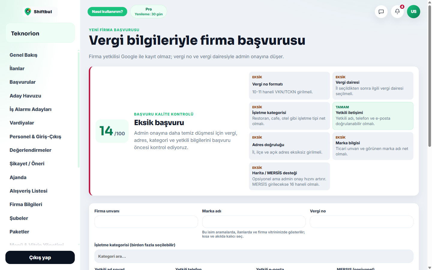 Firma başvurusu kalite kontrol ekranı — eksik alanlar tek tek listelenir.