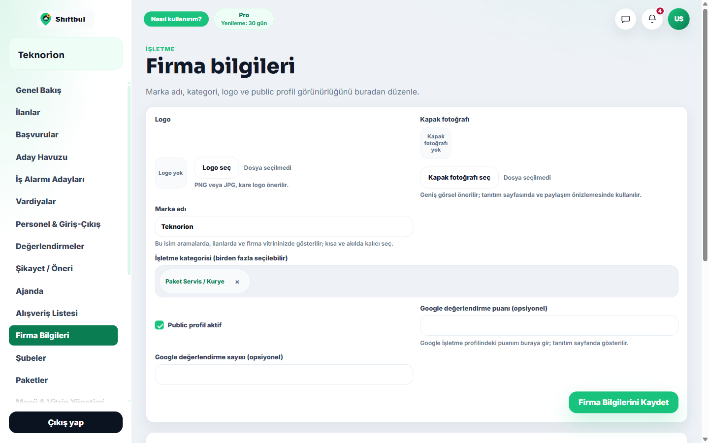 Firma Bilgileri sayfası — logo, kapak, marka adı ve kategori alanları.