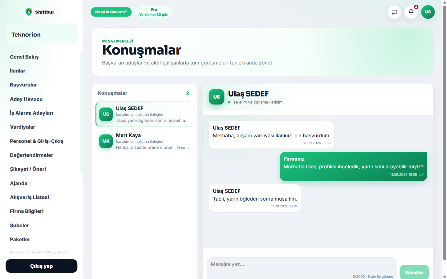 Mesajlar sayfası.