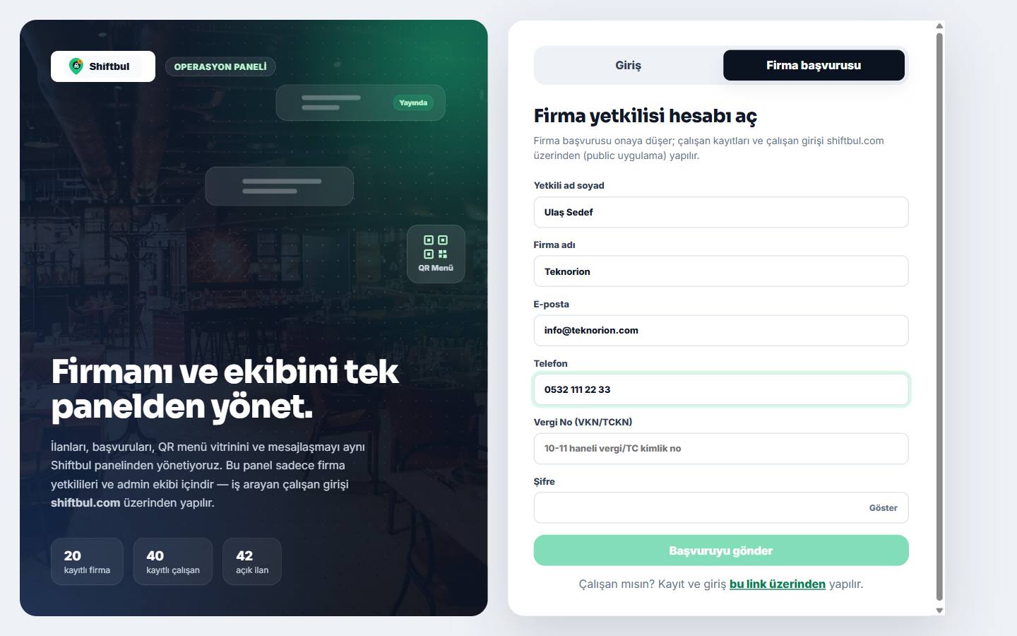 Firma başvurusu formu — yetkili ve vergi bilgileriyle hesap açma ekranı.