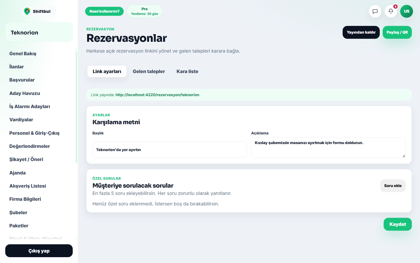 Rezervasyon link ayarları