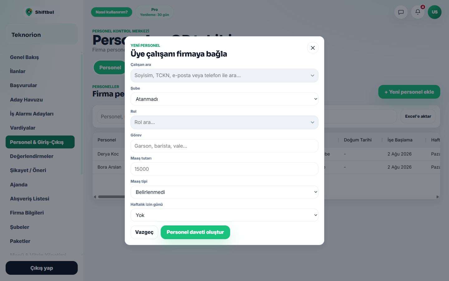 Yeni personel formu — şube, rol, görev, maaş tutarı ve maaş tipi alanları.