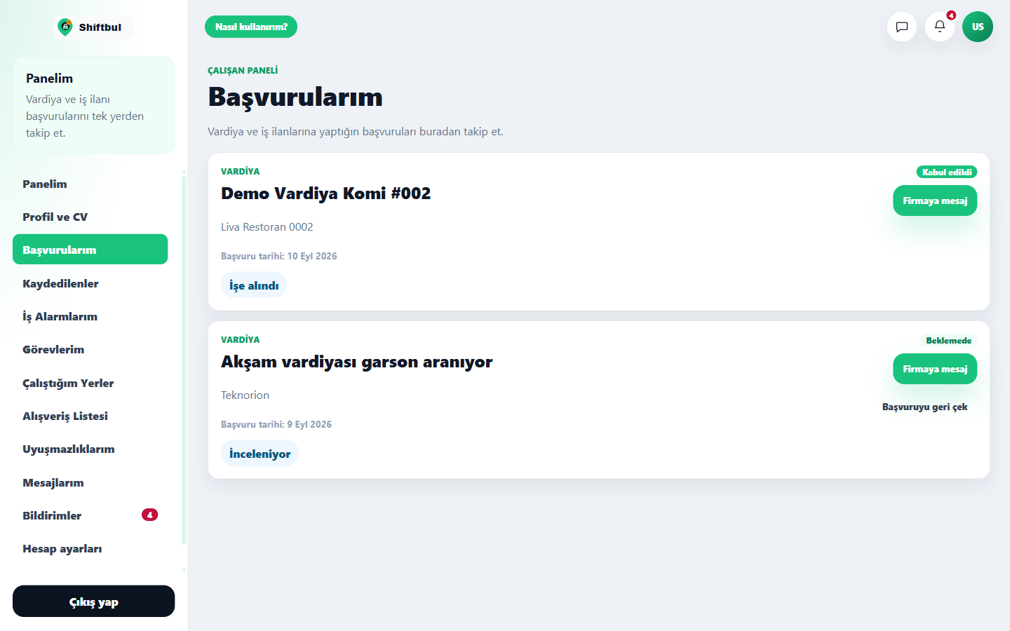 Başvurularım sayfası.
