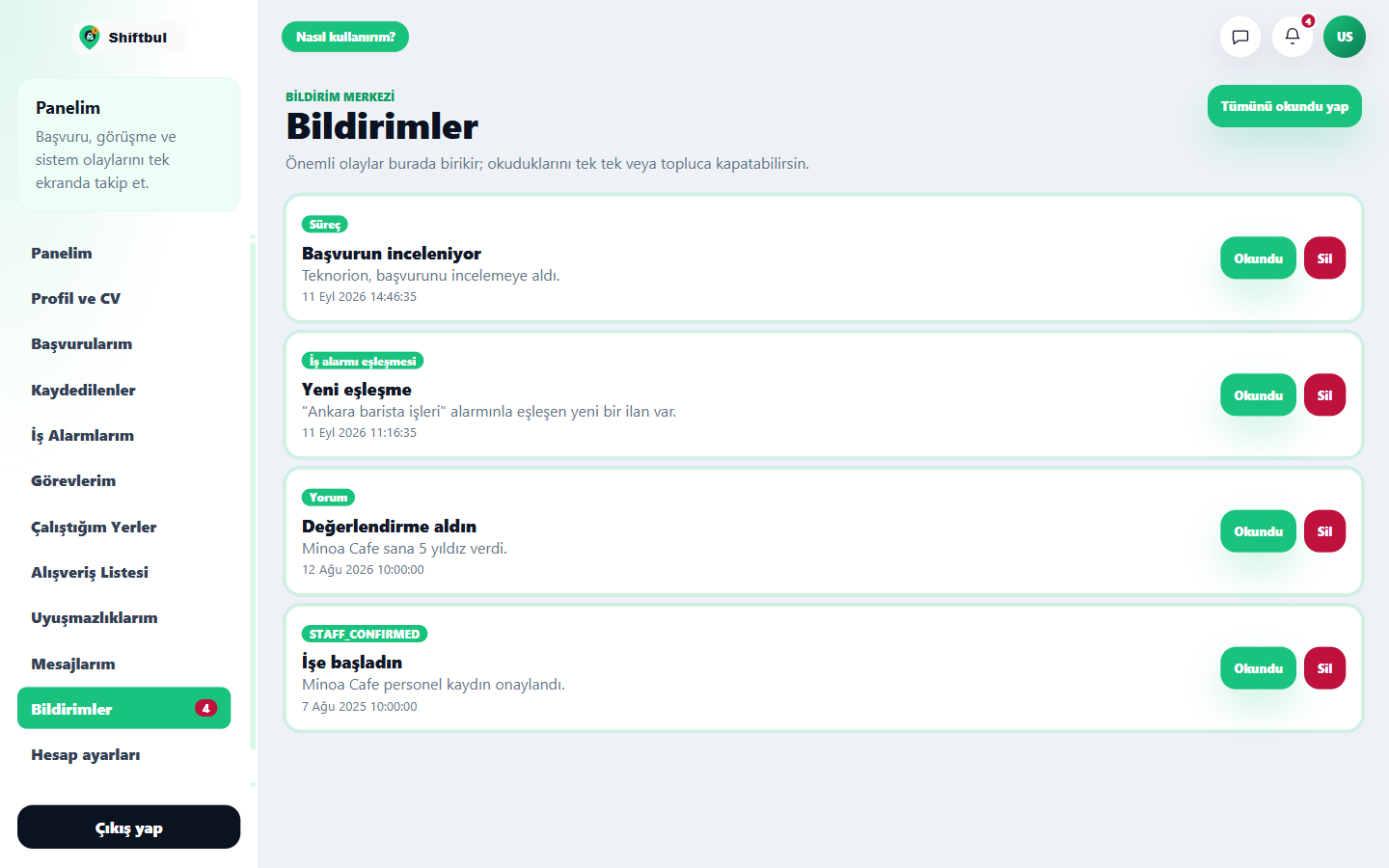 Bildirimler sayfası.