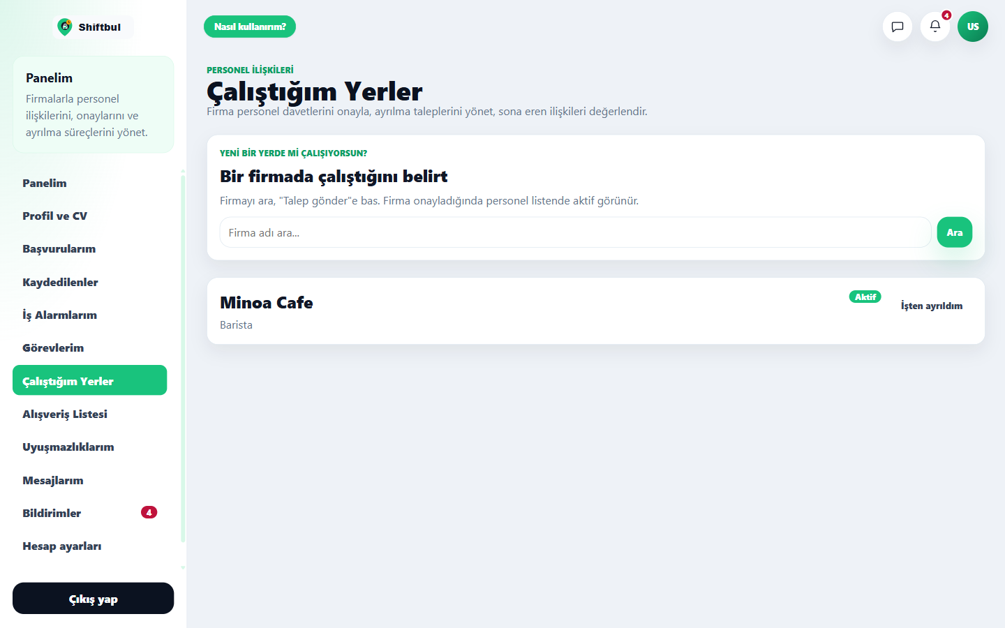 Çalıştığım Yerler sayfası.
