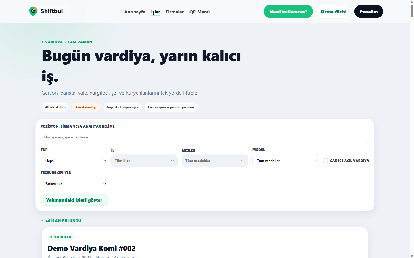 İş ve vardiya ilanları arama sayfası.