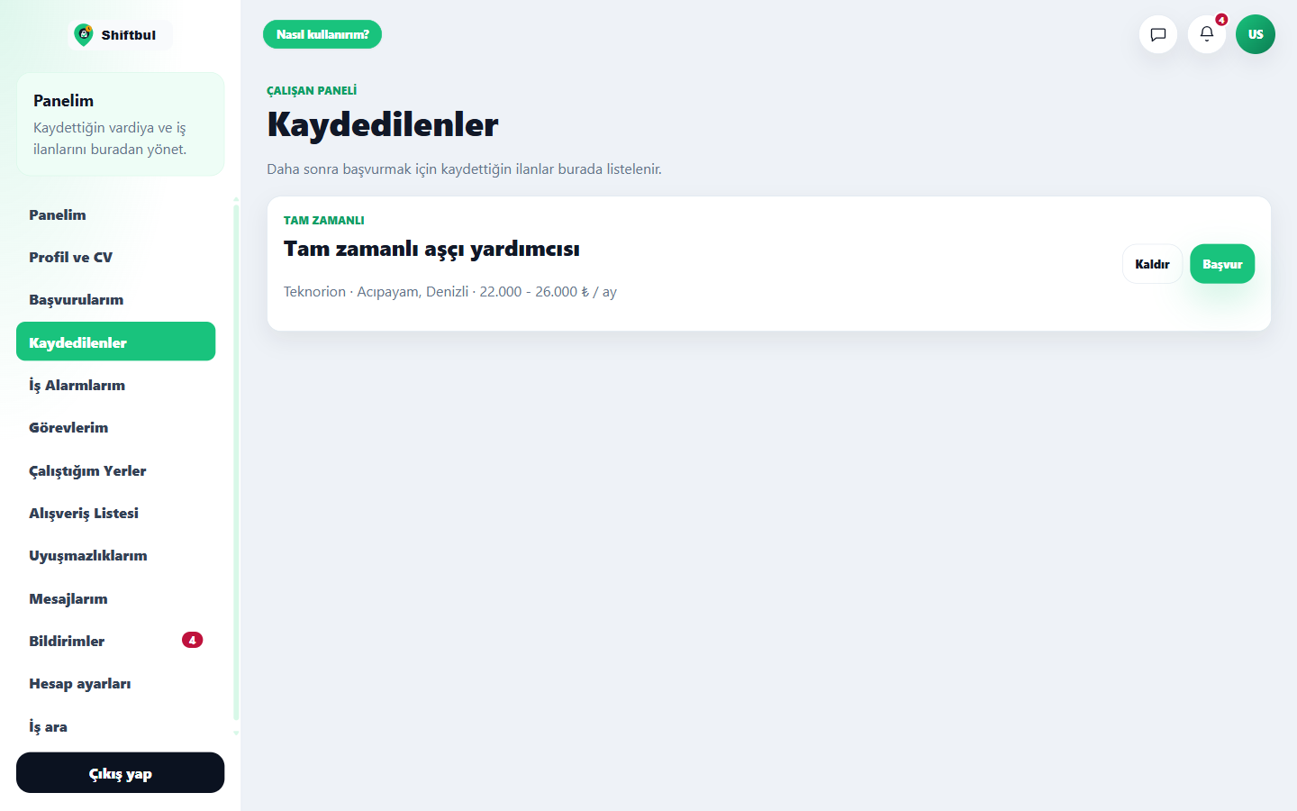 Kaydedilenler sayfası.