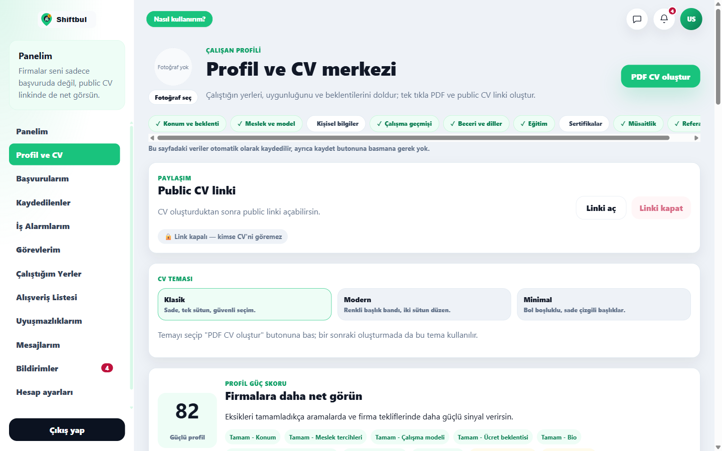 Çalışan profil ve CV merkezi