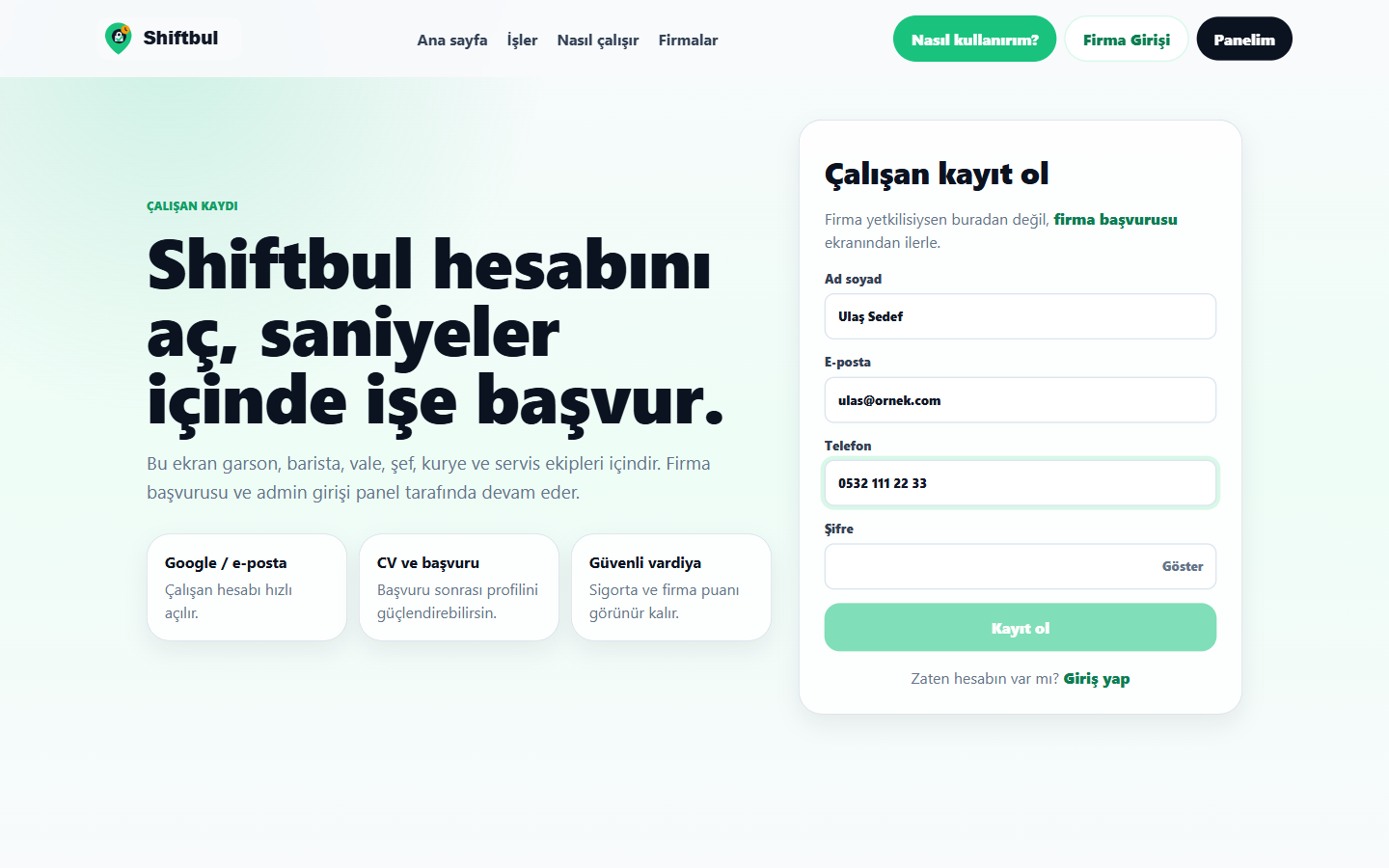 Çalışan kaydı formu.