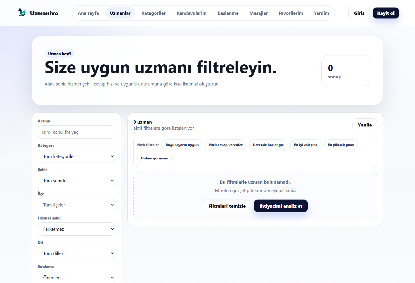 Uzmanivo uzman listeleme ekranı